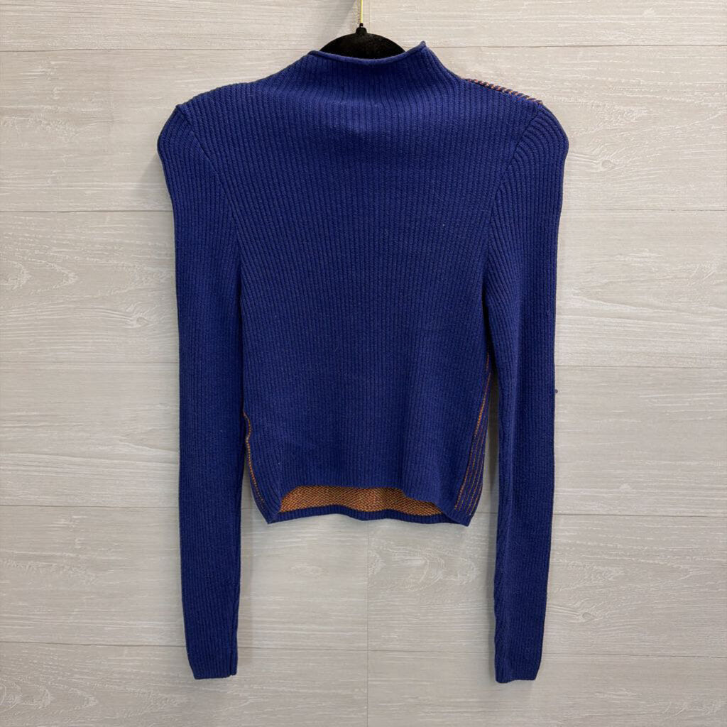 BDG Blue/ Red Cherry Hug Knit Print Cropped Mock Neck Sweater Small