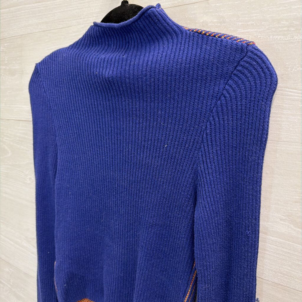 BDG Blue/ Red Cherry Hug Knit Print Cropped Mock Neck Sweater Small