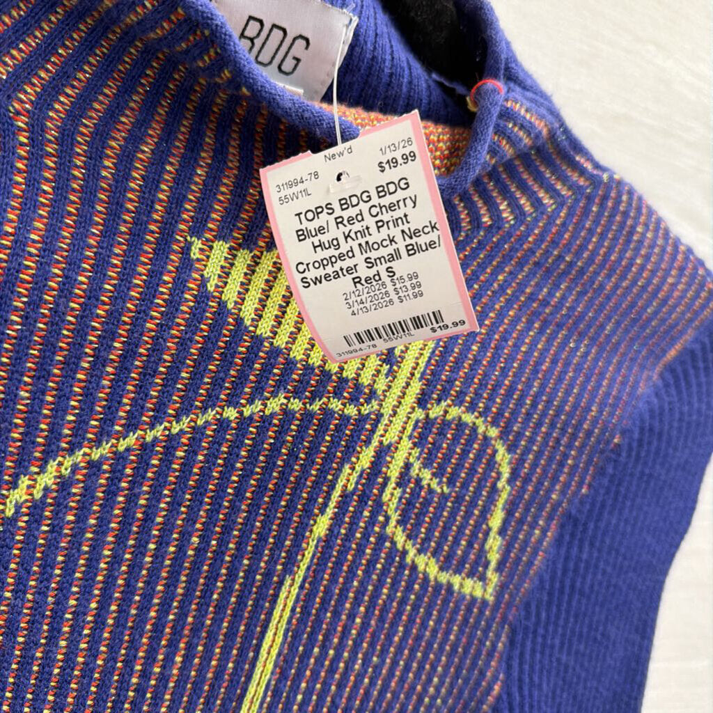 BDG Blue/ Red Cherry Hug Knit Print Cropped Mock Neck Sweater Small