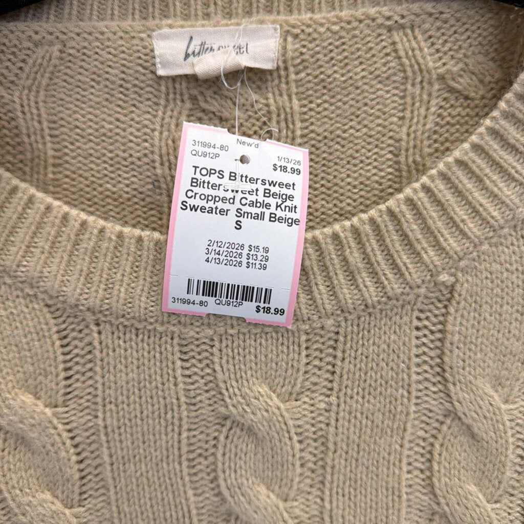 Bittersweet Beige Cropped Cable Knit Sweater Small