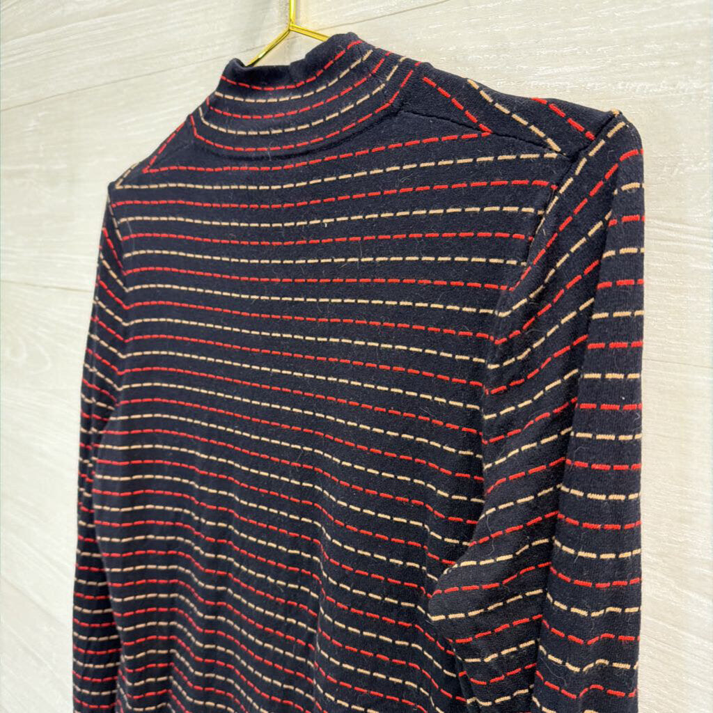 Etcetera Navy/ Multi Striped Long Sleeve Turtleneck Top Medium