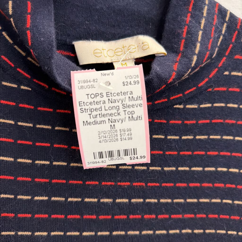 Etcetera Navy/ Multi Striped Long Sleeve Turtleneck Top Medium