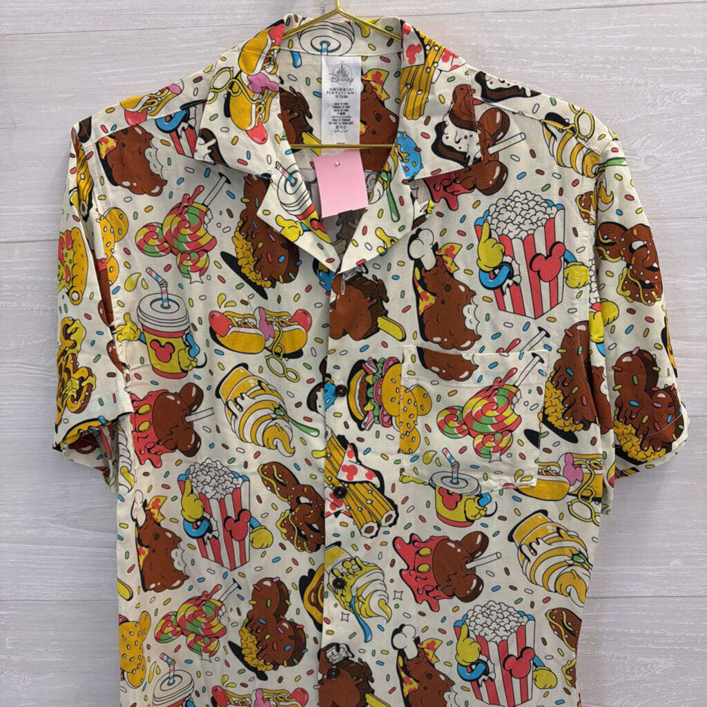 Disney Cream/ Multi Snack Print Short Sleeve Button Down Top Small