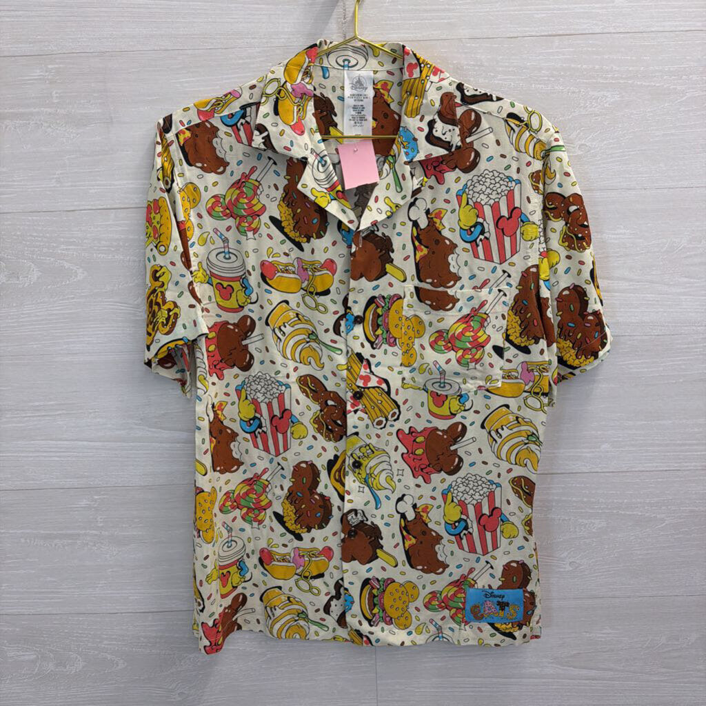 Disney Cream/ Multi Snack Print Short Sleeve Button Down Top Small