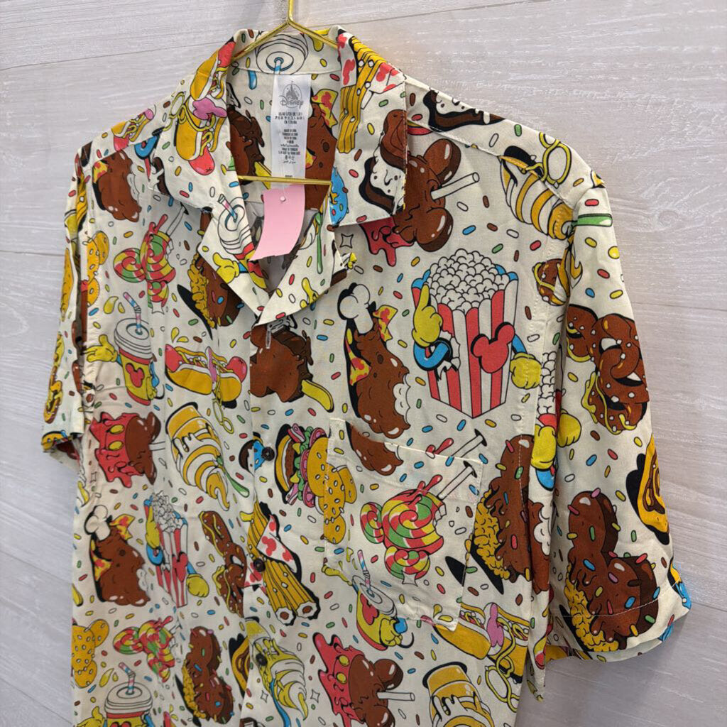 Disney Cream/ Multi Snack Print Short Sleeve Button Down Top Small