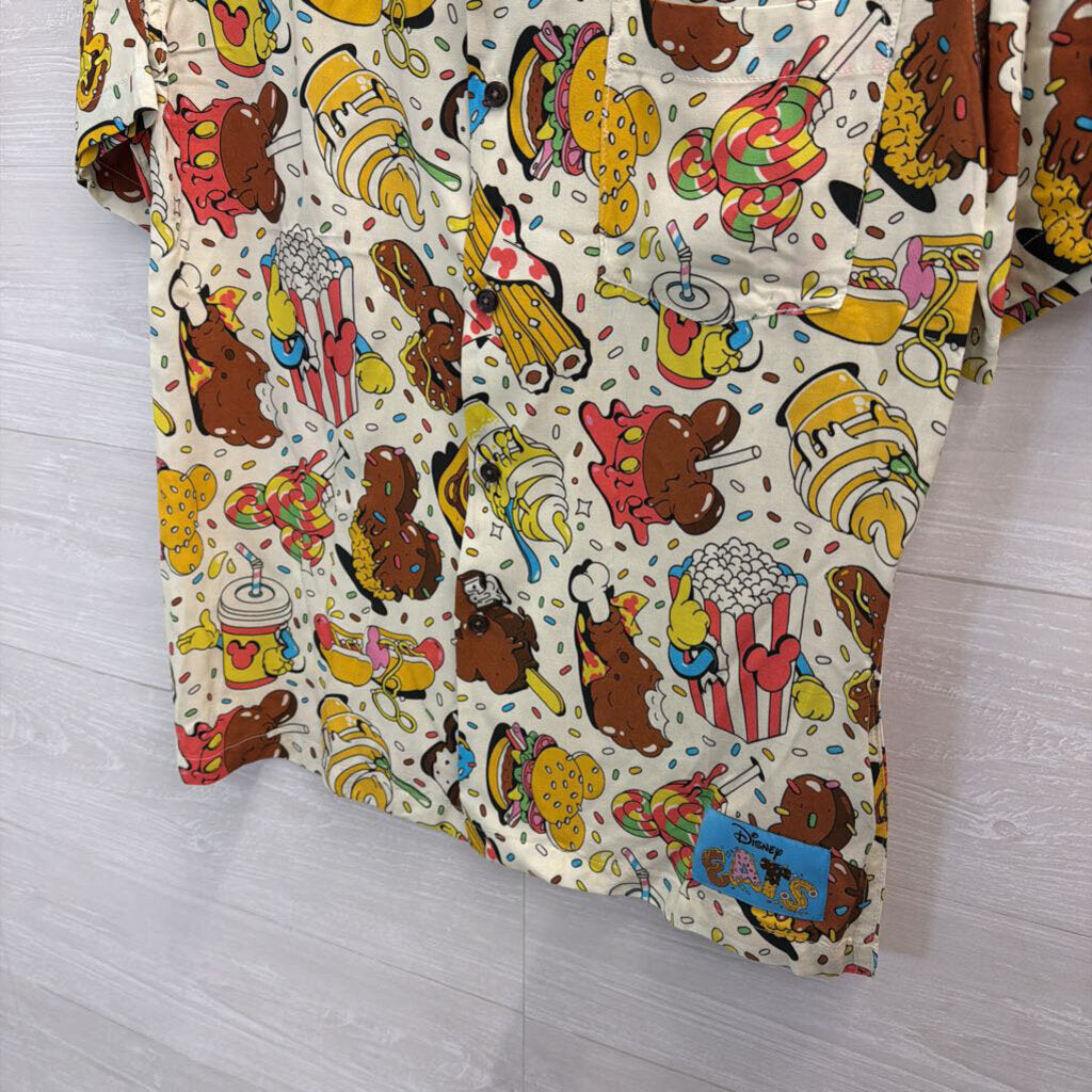 Disney Cream/ Multi Snack Print Short Sleeve Button Down Top Small
