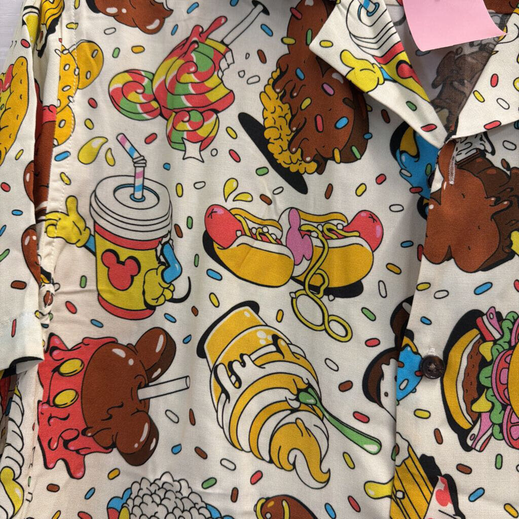 Disney Cream/ Multi Snack Print Short Sleeve Button Down Top Small