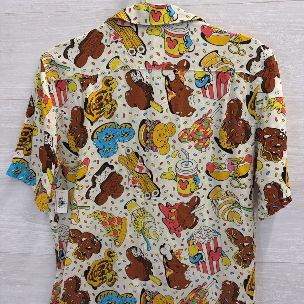 Disney Cream/ Multi Snack Print Short Sleeve Button Down Top Small