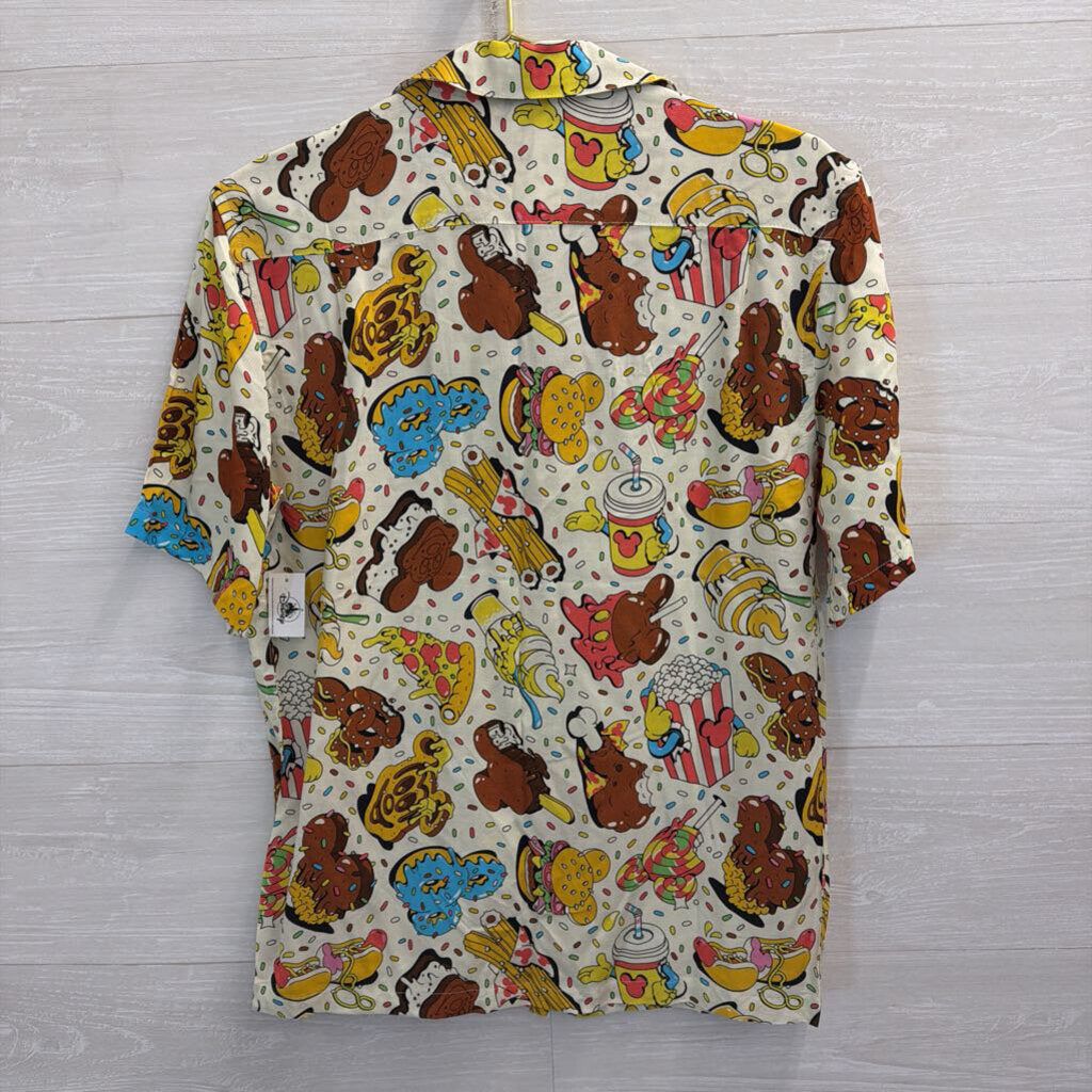 Disney Cream/ Multi Snack Print Short Sleeve Button Down Top Small