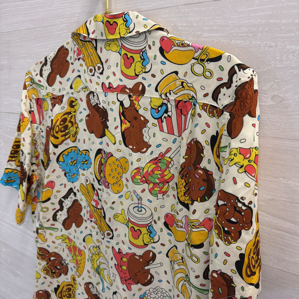 Disney Cream/ Multi Snack Print Short Sleeve Button Down Top Small