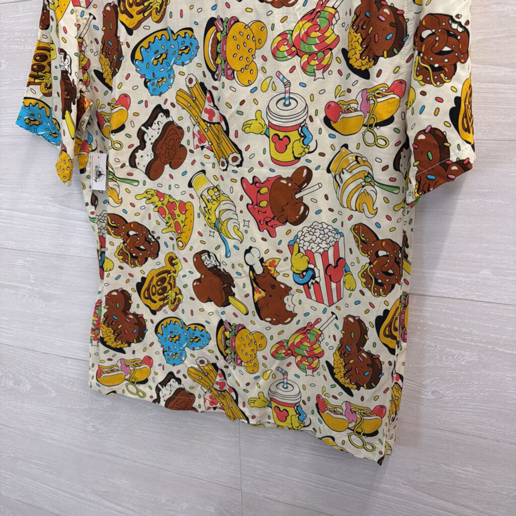 Disney Cream/ Multi Snack Print Short Sleeve Button Down Top Small