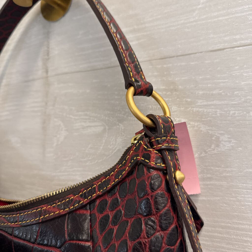 Dooney and Bourke Red Crocodile Embossed Leather Hobo Shoulder Purse