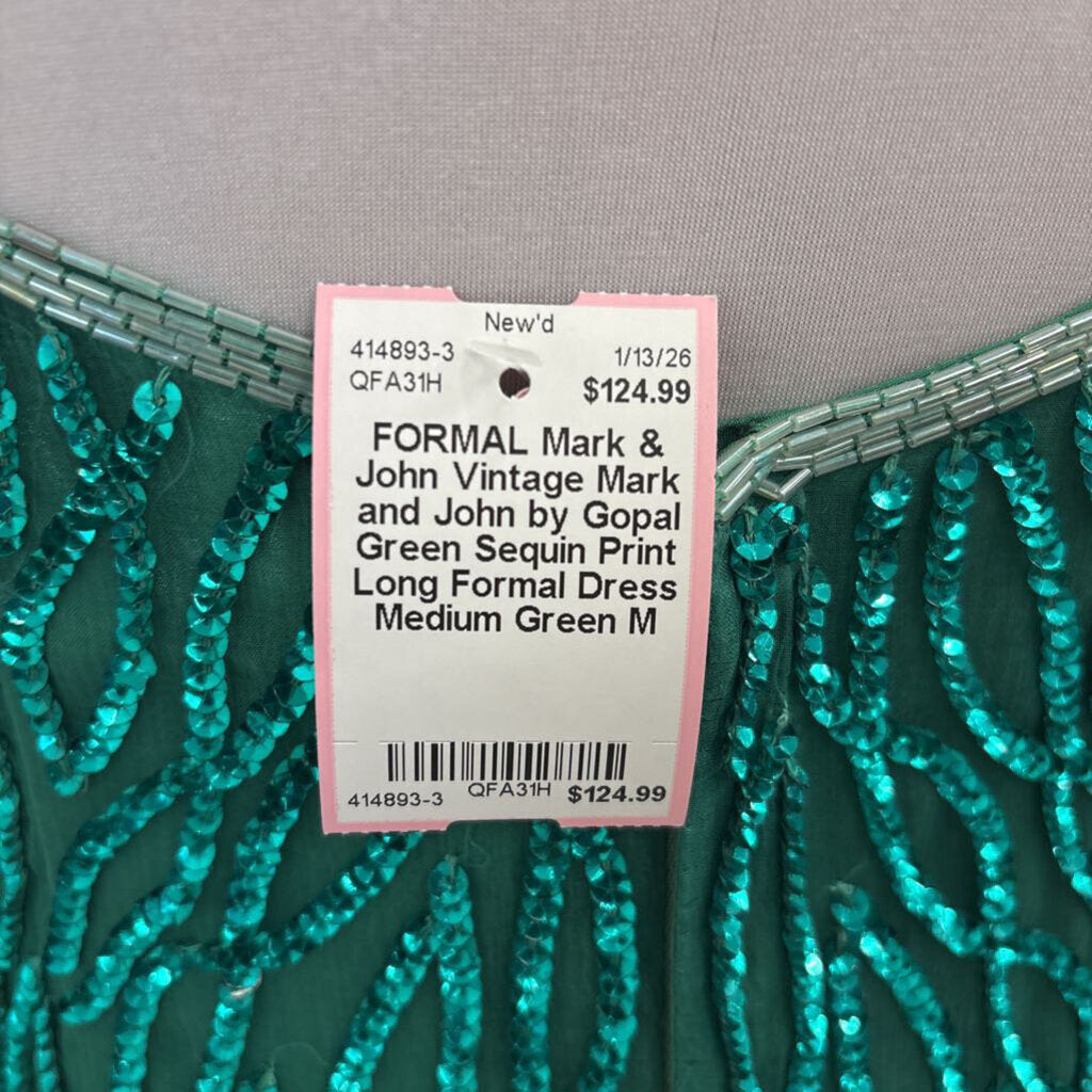 Vintage Mark and John by Gopal Green Sequin Print Long Formal Dress Medium