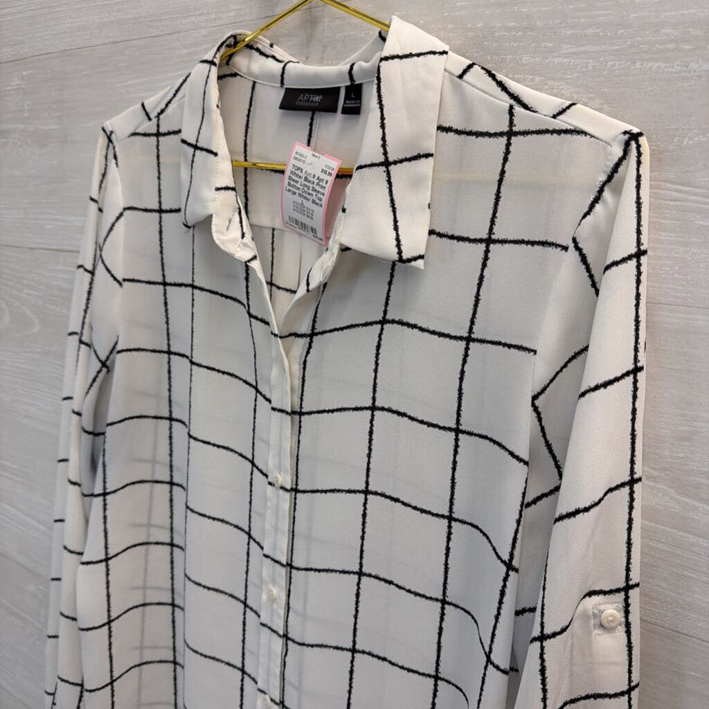 Apt 9 White/ Black Print Sheer Long Sleeve Button Down Top Large