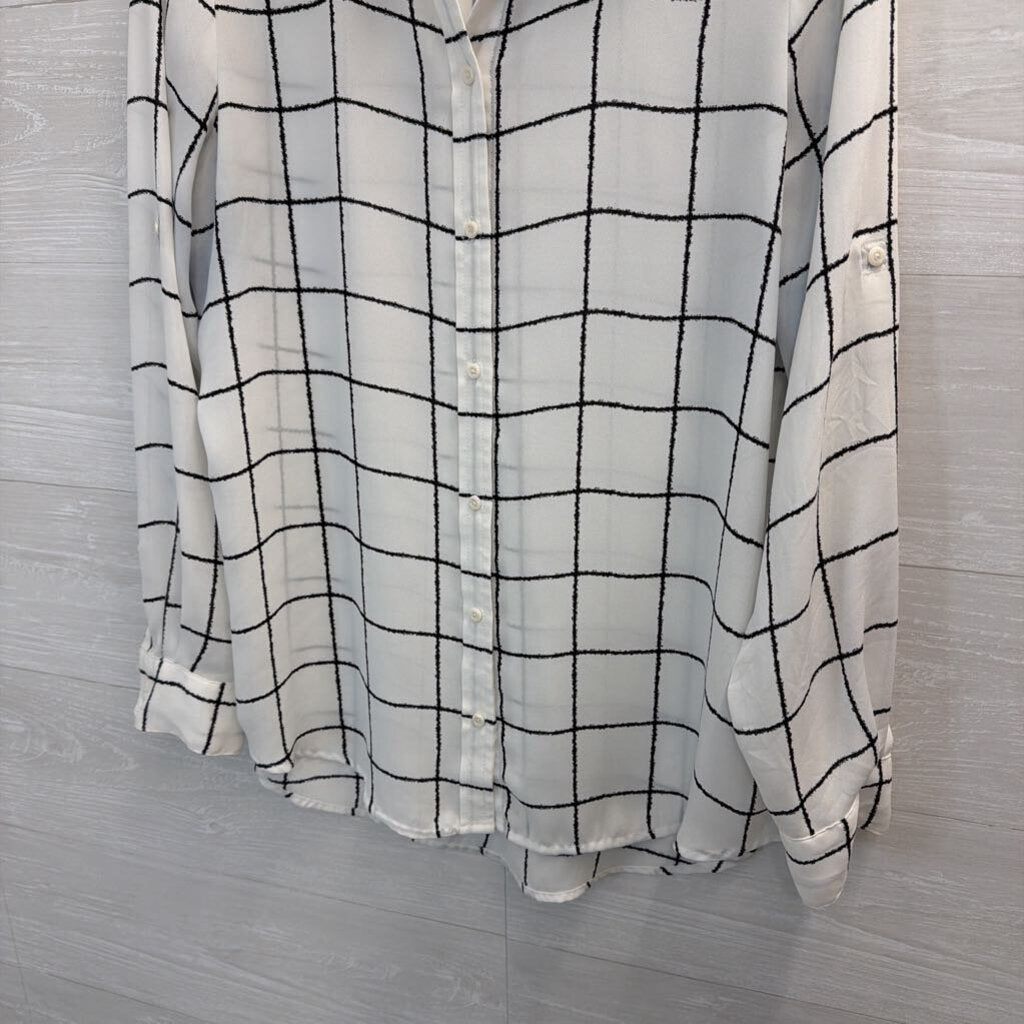 Apt 9 White/ Black Print Sheer Long Sleeve Button Down Top Large