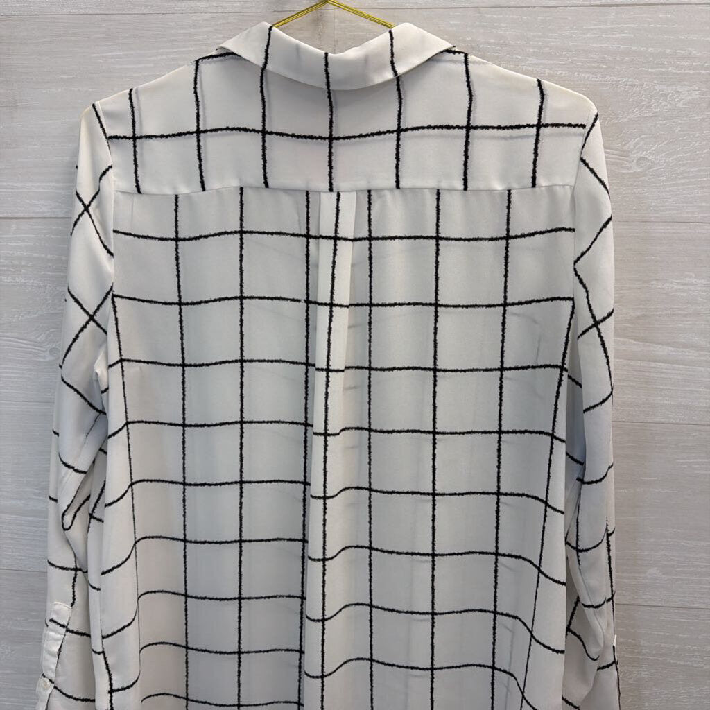 Apt 9 White/ Black Print Sheer Long Sleeve Button Down Top Large