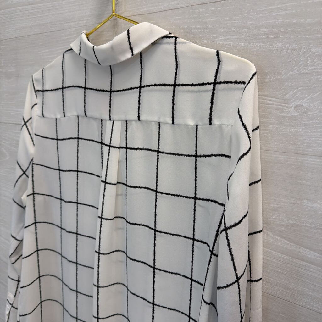 Apt 9 White/ Black Print Sheer Long Sleeve Button Down Top Large