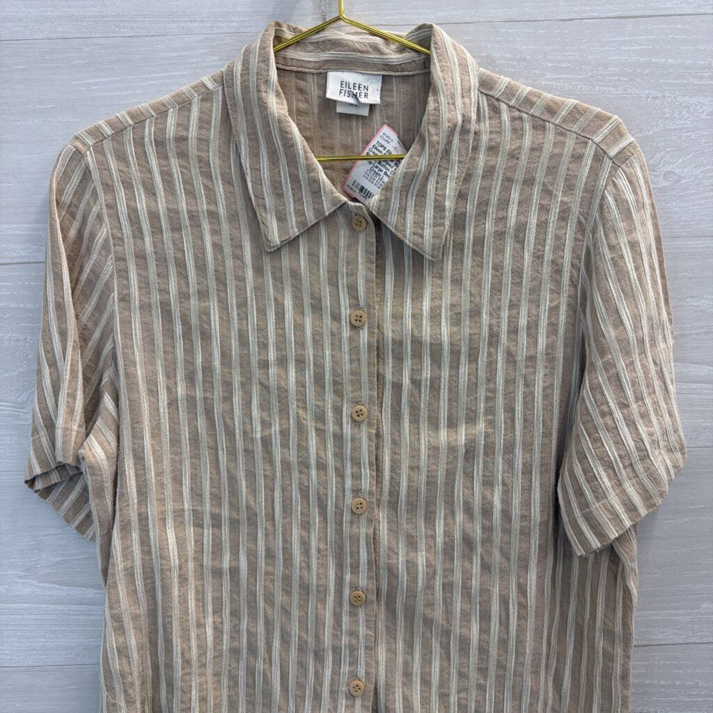 Eileen Fisher Beige/ Cream Striped Short Sleeve Button Down Top Large