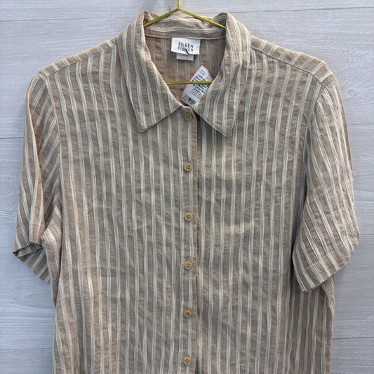 Eileen Fisher Beige/ Cream Striped Short Sleeve Button Down Top Large