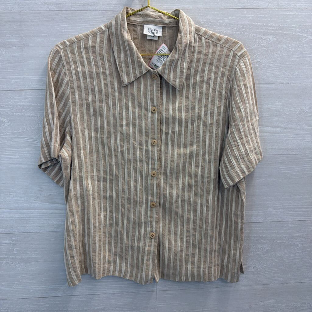 Eileen Fisher Beige/ Cream Striped Short Sleeve Button Down Top Large