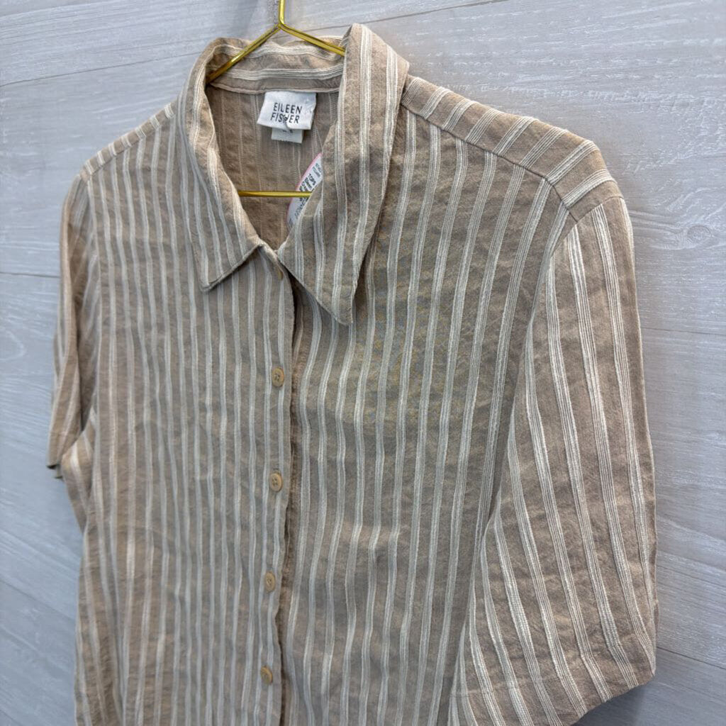 Eileen Fisher Beige/ Cream Striped Short Sleeve Button Down Top Large
