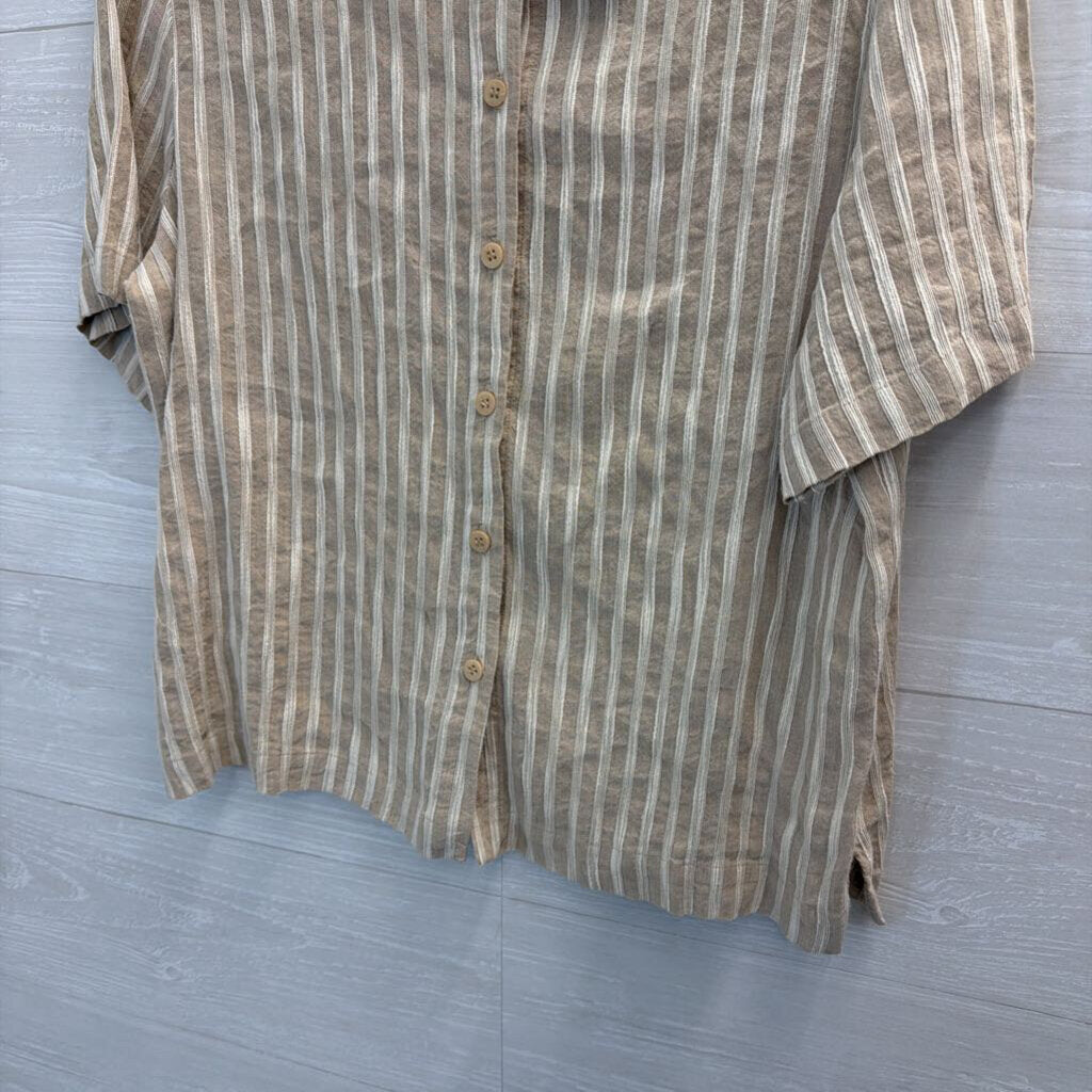 Eileen Fisher Beige/ Cream Striped Short Sleeve Button Down Top Large