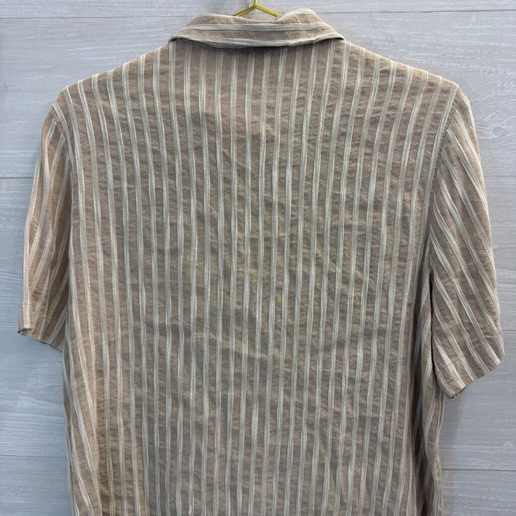 Eileen Fisher Beige/ Cream Striped Short Sleeve Button Down Top Large
