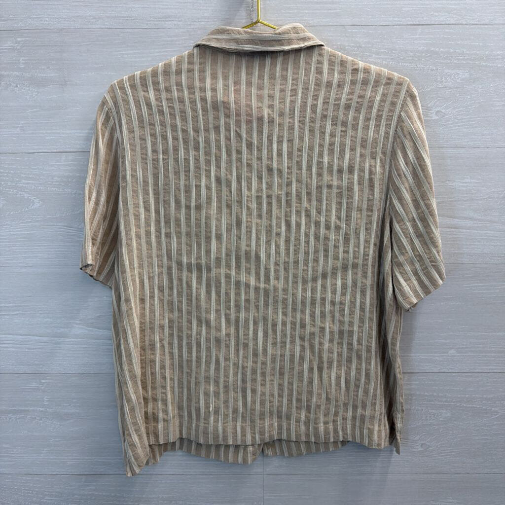 Eileen Fisher Beige/ Cream Striped Short Sleeve Button Down Top Large