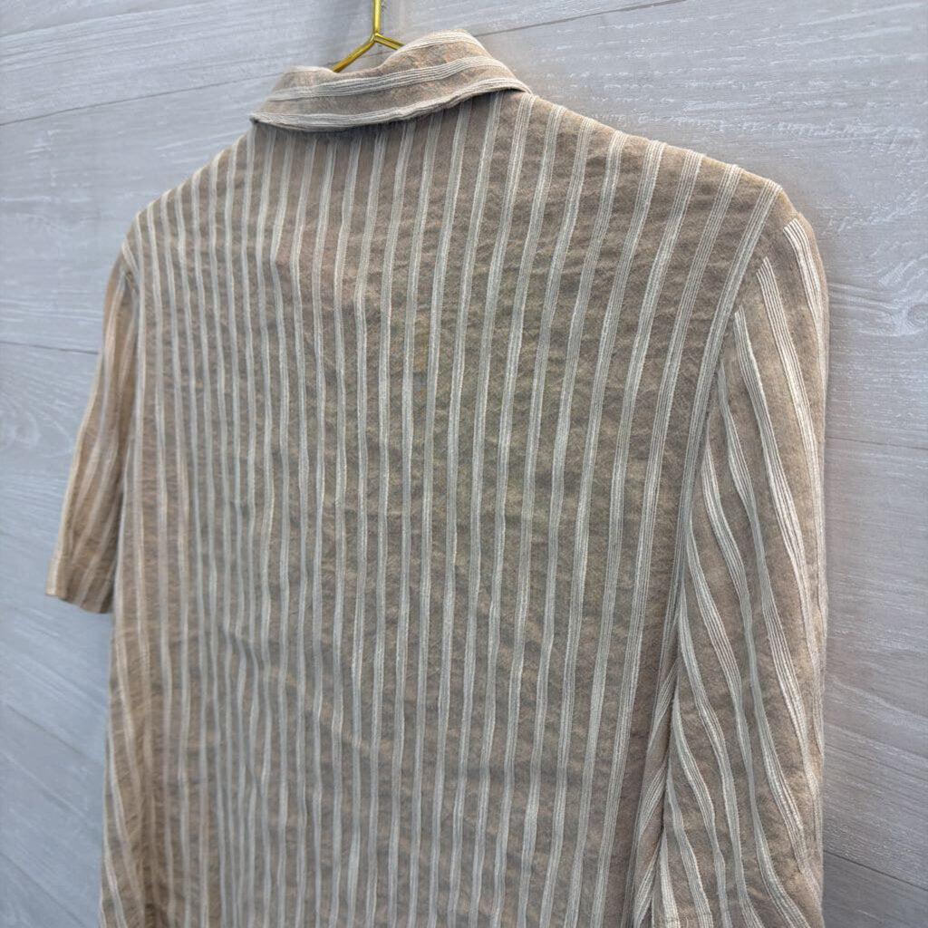 Eileen Fisher Beige/ Cream Striped Short Sleeve Button Down Top Large