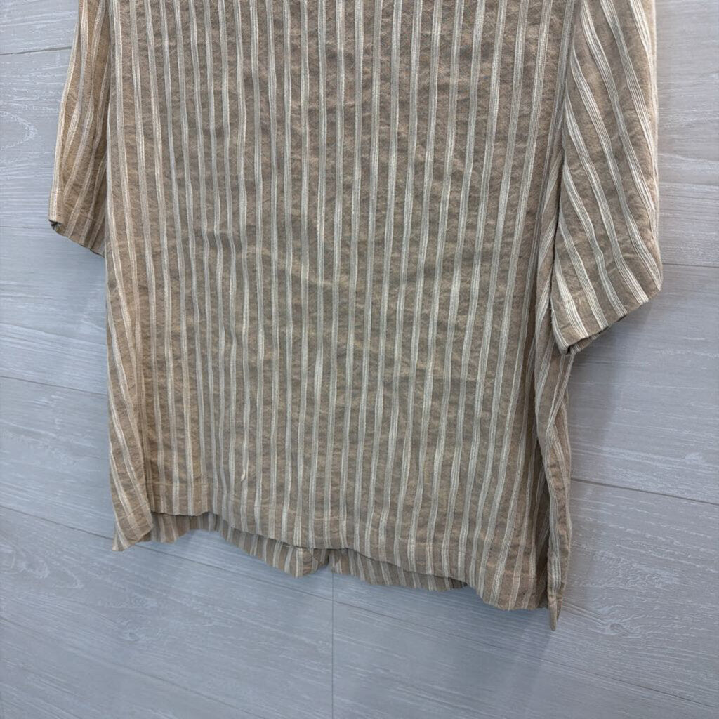Eileen Fisher Beige/ Cream Striped Short Sleeve Button Down Top Large