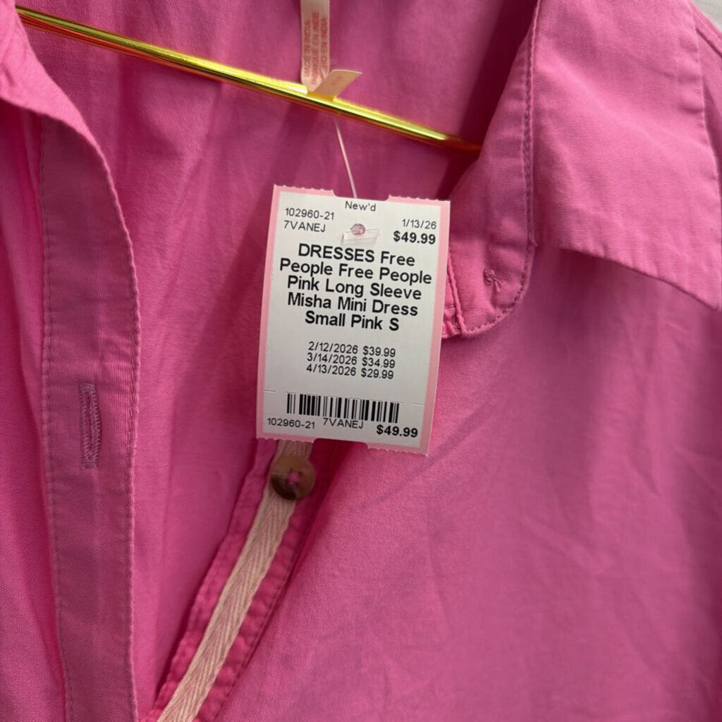 Free People Pink Long Sleeve Misha Mini Dress Small