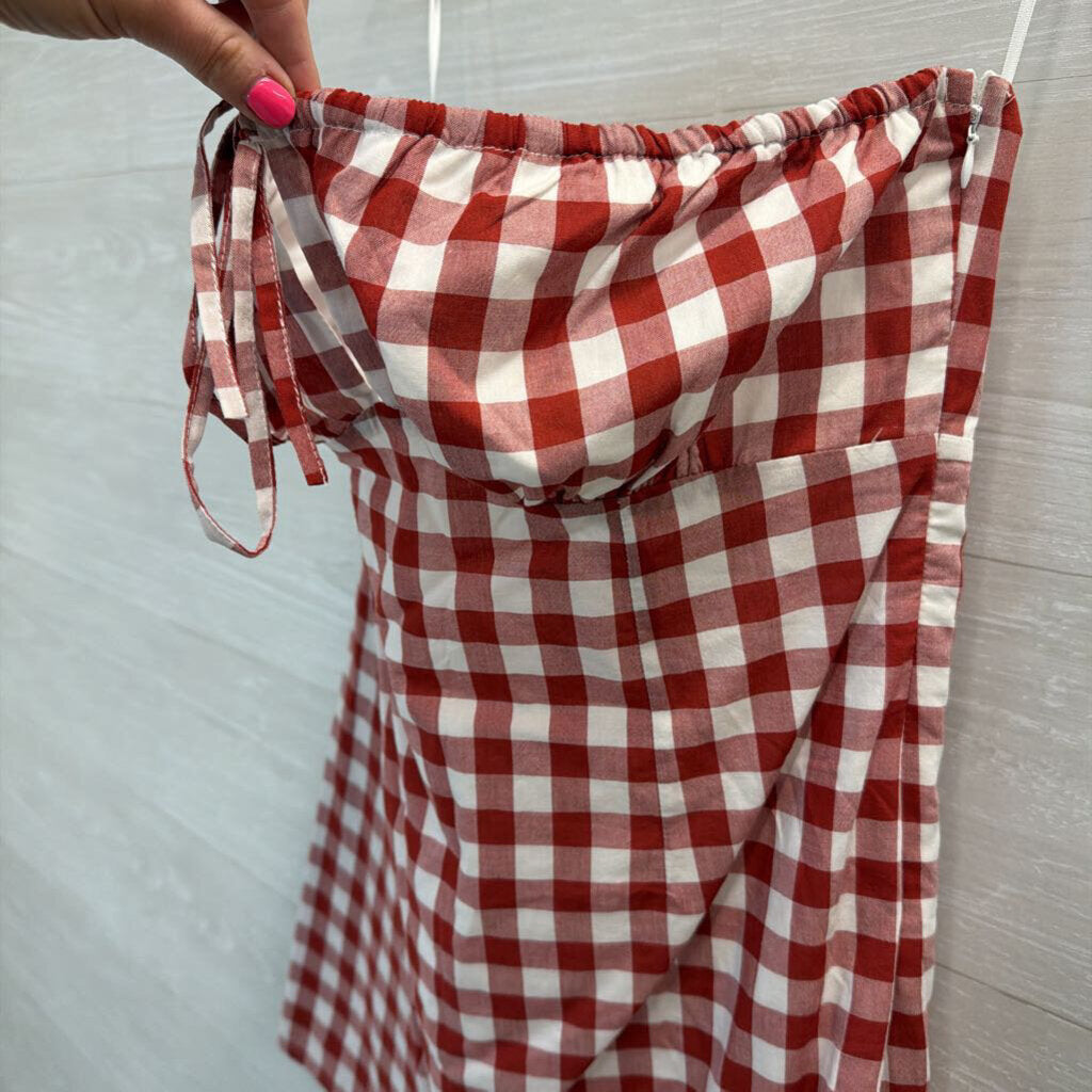 Le Lis Red/ White Gingham Print Strapless Mini Dress Medium