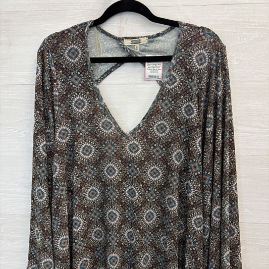 Gimmicks Black/ Beige/ Blue Print Long Sleeve V Neck Mini Dress Medium