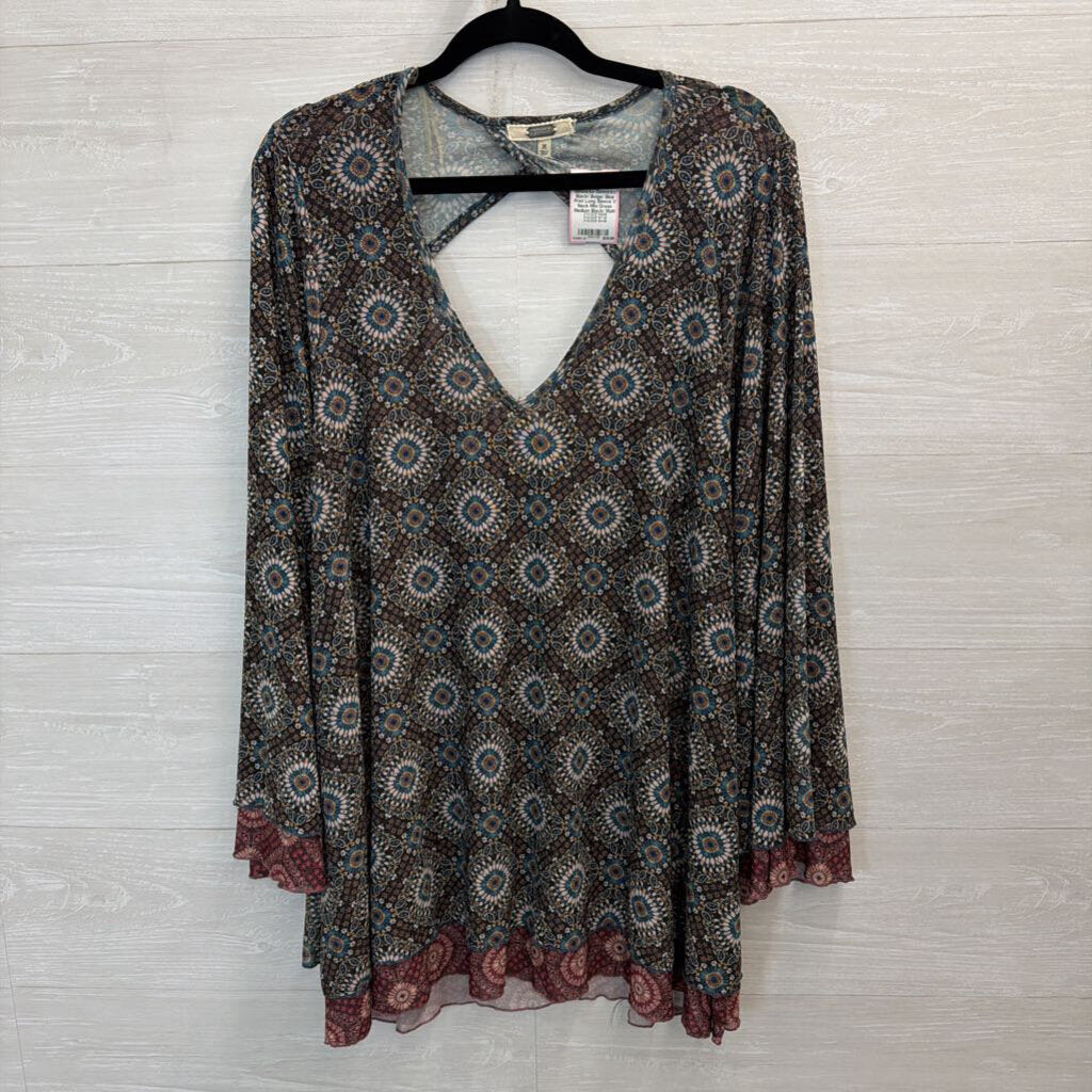 Gimmicks Black/ Beige/ Blue Print Long Sleeve V Neck Mini Dress Medium