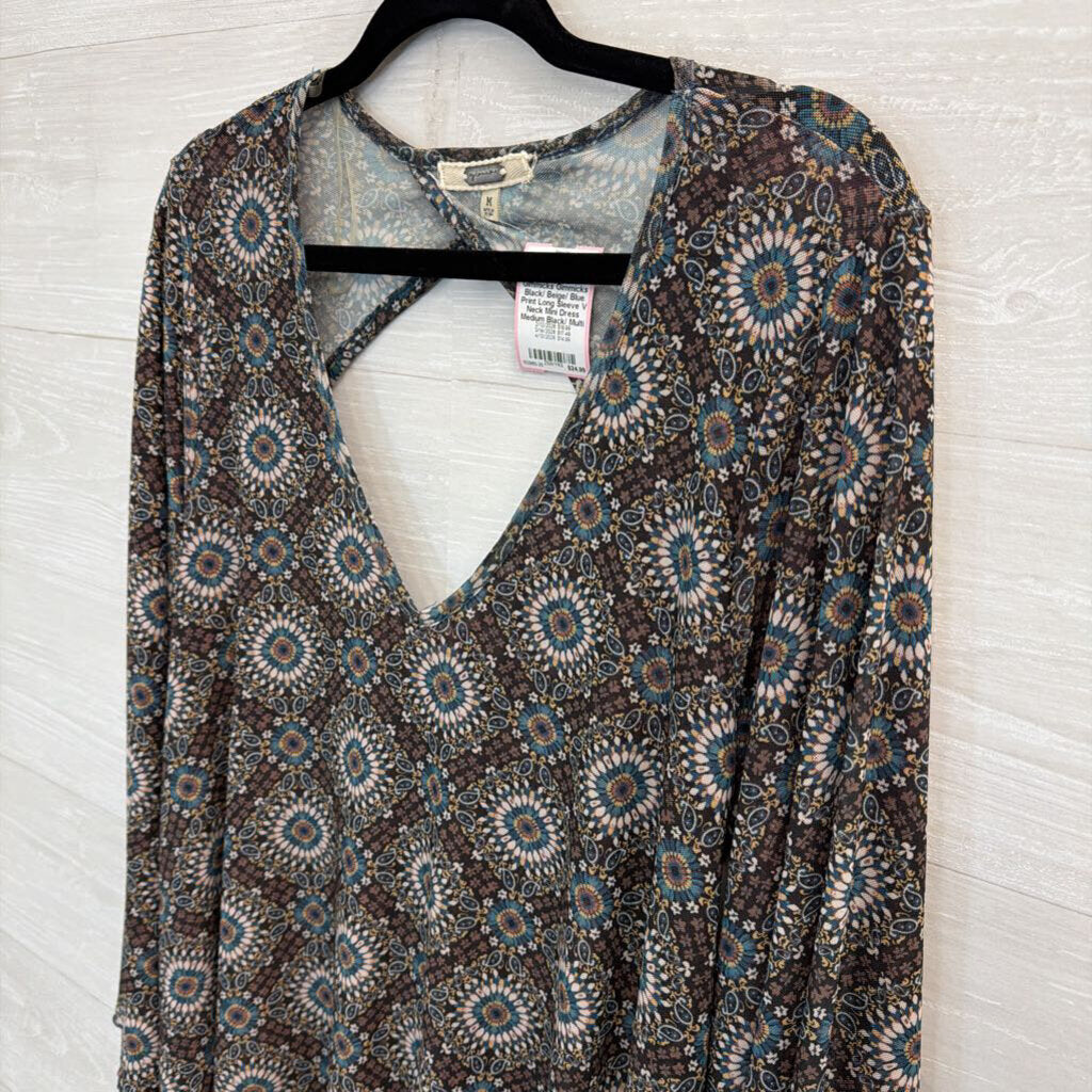 Gimmicks Black/ Beige/ Blue Print Long Sleeve V Neck Mini Dress Medium