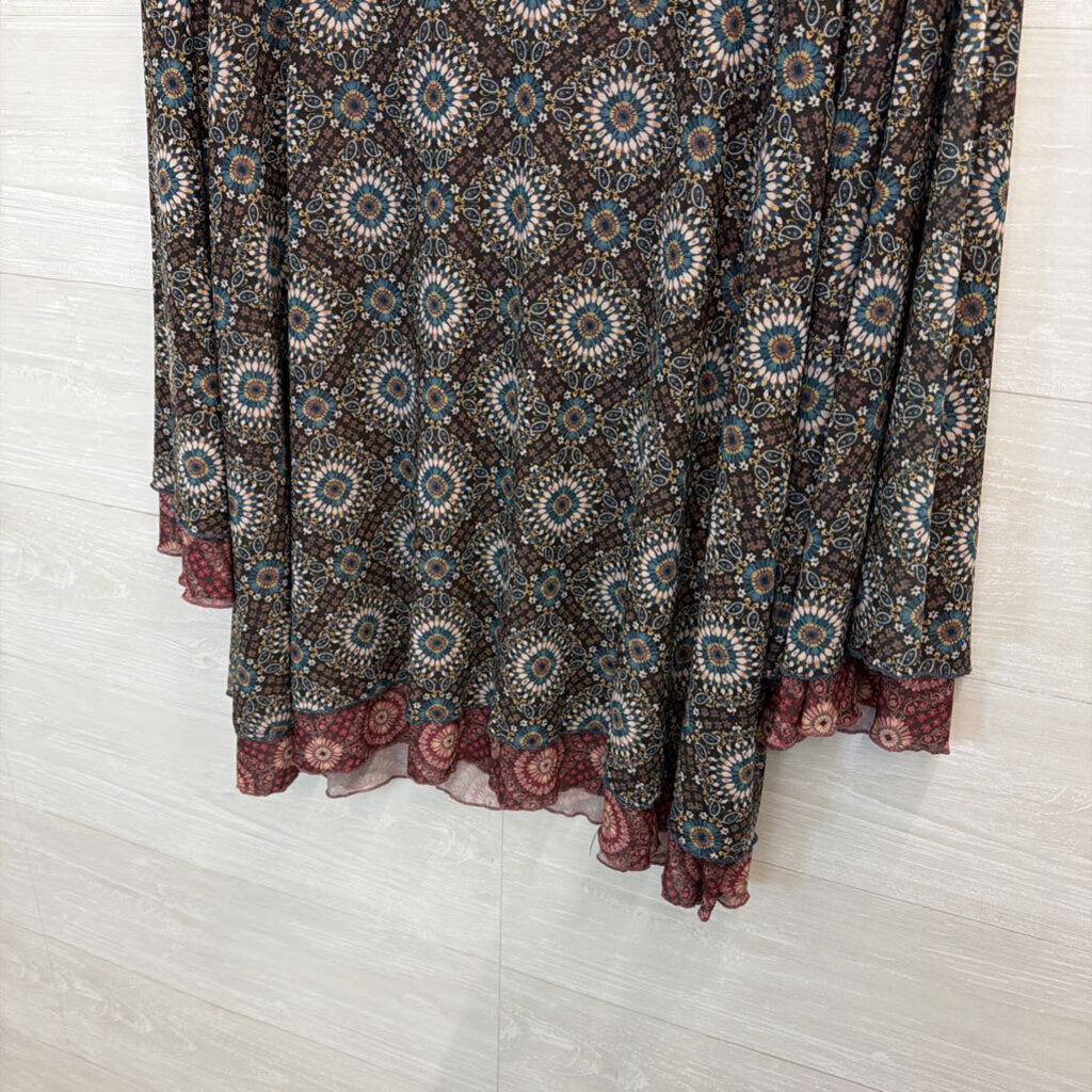 Gimmicks Black/ Beige/ Blue Print Long Sleeve V Neck Mini Dress Medium