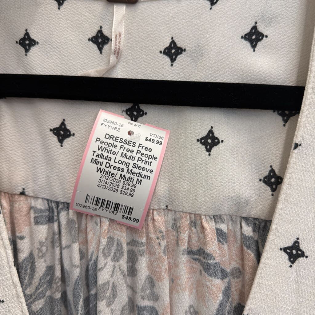 Free People White/ Multi Print Tallula Long Sleeve Mini Dress Medium