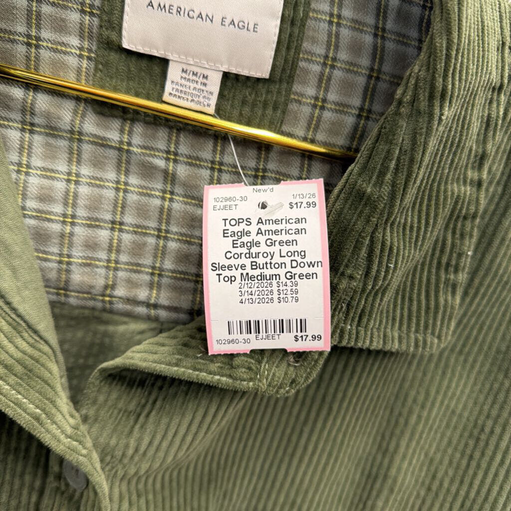 American Eagle Green Corduroy Long Sleeve Button Down Top Medium