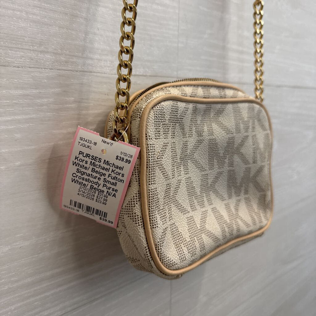 Michael Kors White/ Beige Fulton Signature Small Crossbody Purse