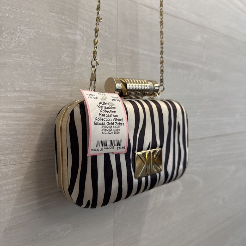 Kardashian Kollection White/ Black/ Gold Zebra Print Clutch/ Crossbody Purse