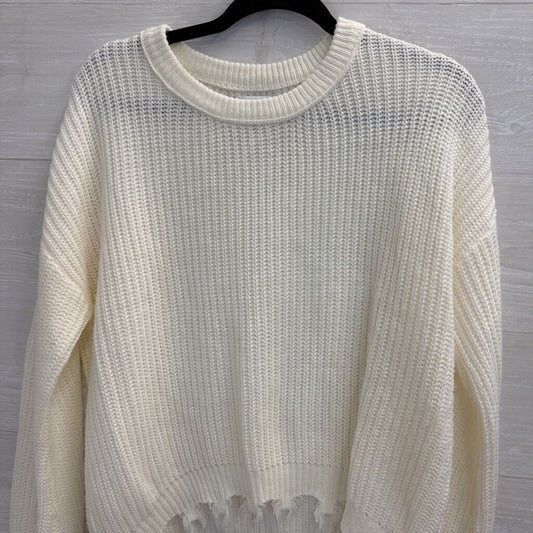 True Craft White Knit Frayed Hem Sweater Large