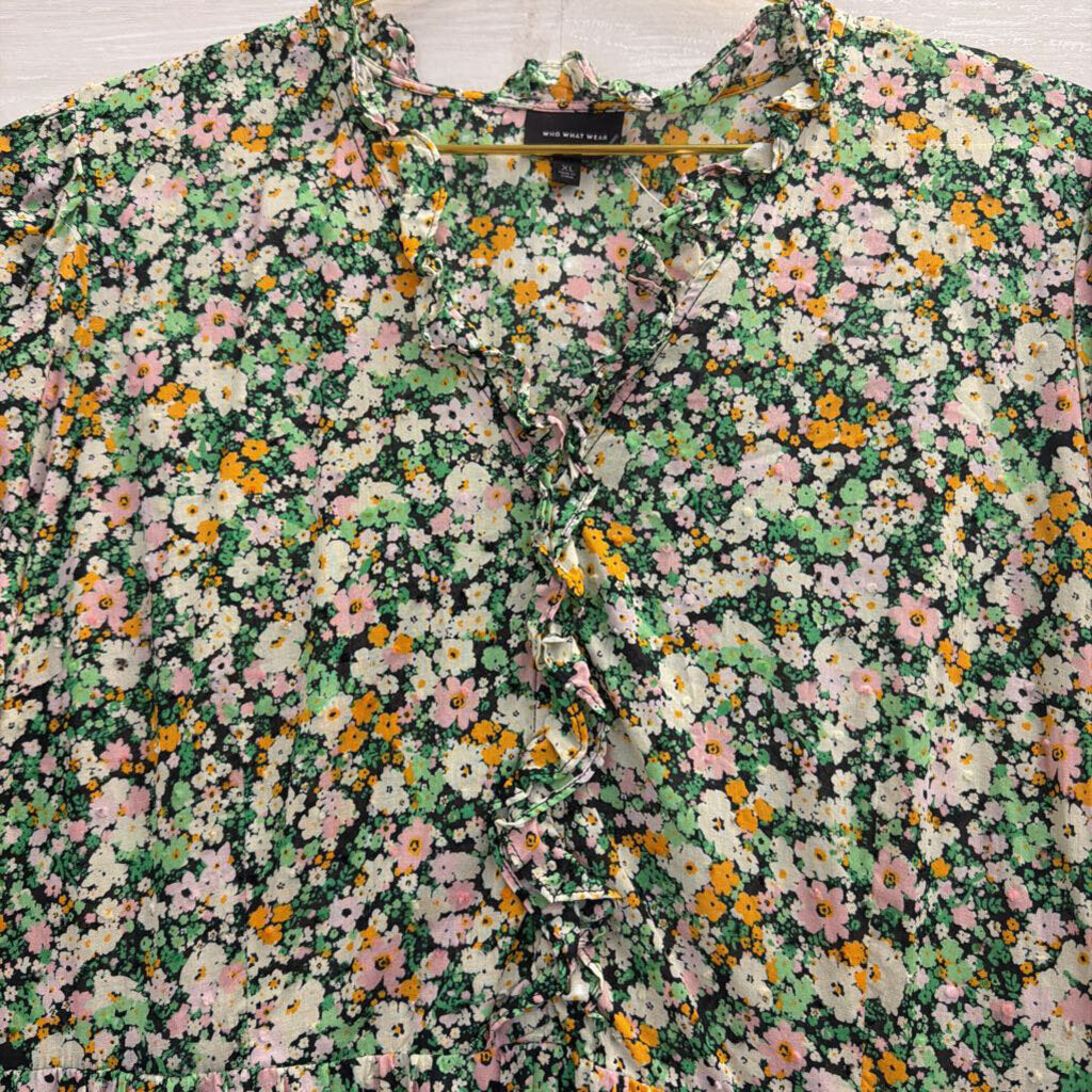 Who What Wear Green/ Multi Floral Print Long Sleeve Maxi Dress Extra Large