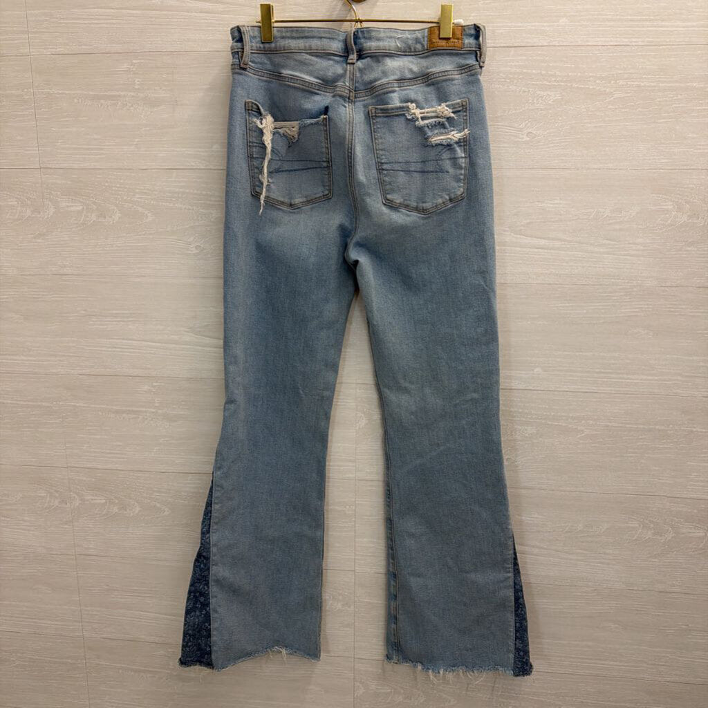 American Eagle Light Wash Patchwork Super High Rise Flare Jeans 8