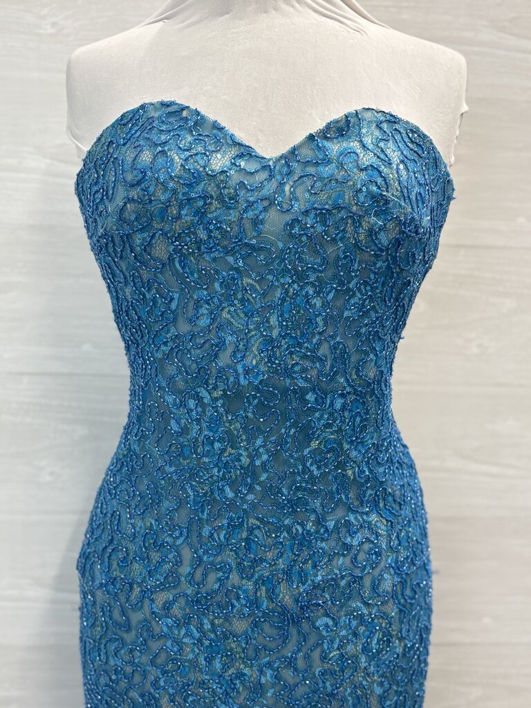 La Femme Blue Beaded/ Sequin Lace Strapless Long Formal Dress 0