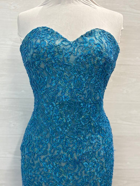 La Femme Blue Beaded/ Sequin Lace Strapless Long Formal Dress 0
