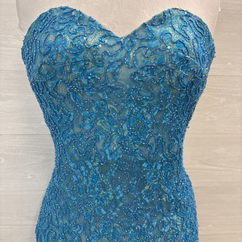 La Femme Blue Beaded/ Sequin Lace Strapless Long Formal Dress 0