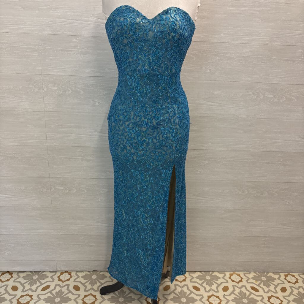 La Femme Blue Beaded/ Sequin Lace Strapless Long Formal Dress 0