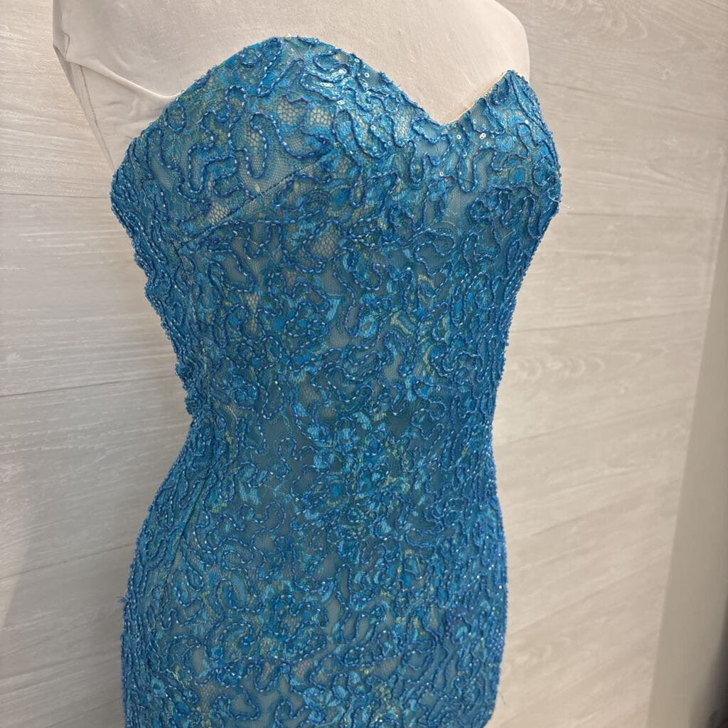 La Femme Blue Beaded/ Sequin Lace Strapless Long Formal Dress 0