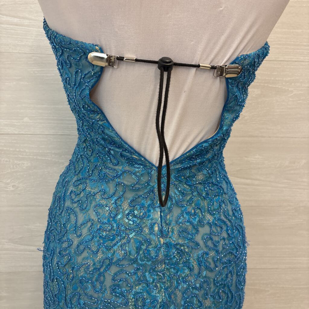 La Femme Blue Beaded/ Sequin Lace Strapless Long Formal Dress 0
