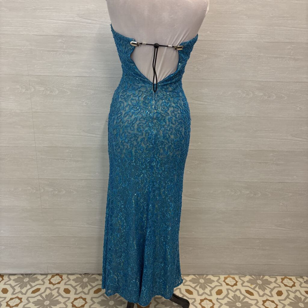 La Femme Blue Beaded/ Sequin Lace Strapless Long Formal Dress 0